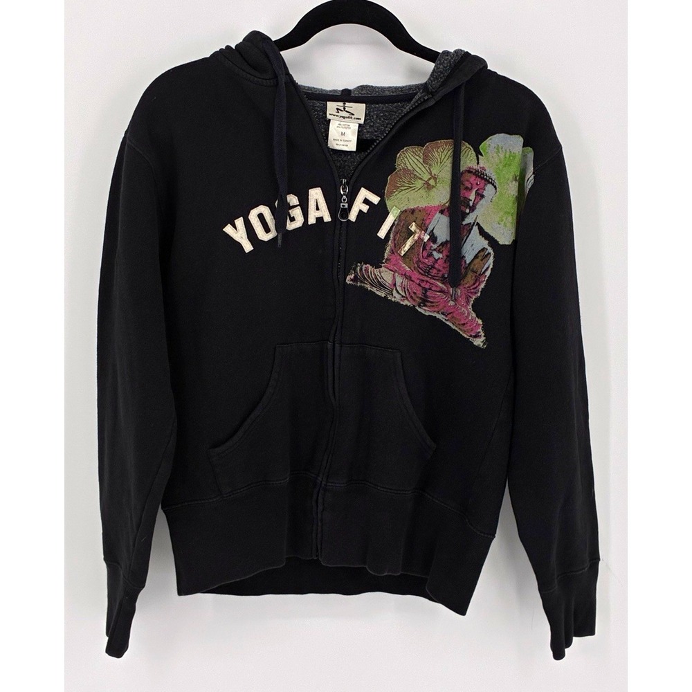 YogaFit Womens M Black Zip Hoodie Yoga Buddha Graphic Distressed Sweatshirt